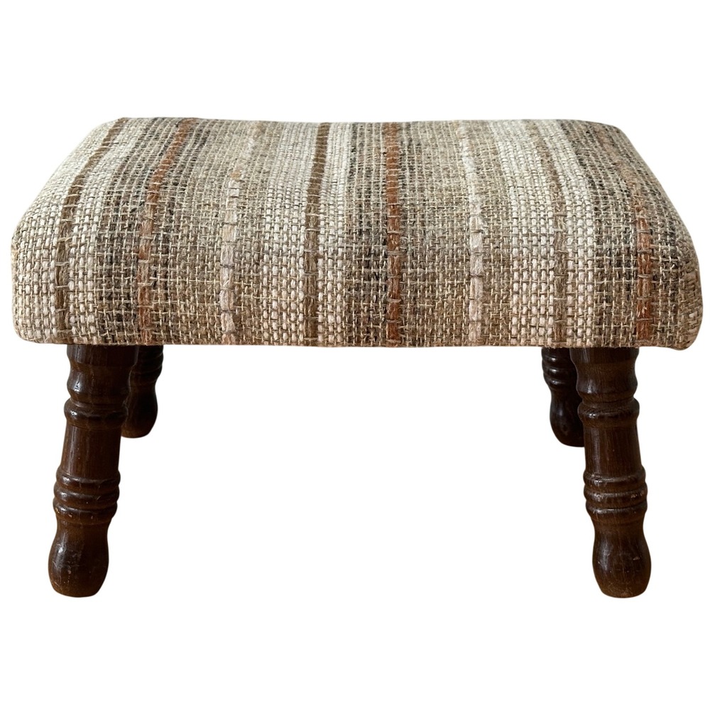Vtg Boho Earth tone Textured Footstool Turned Wood Legs Natural Cotton Jute